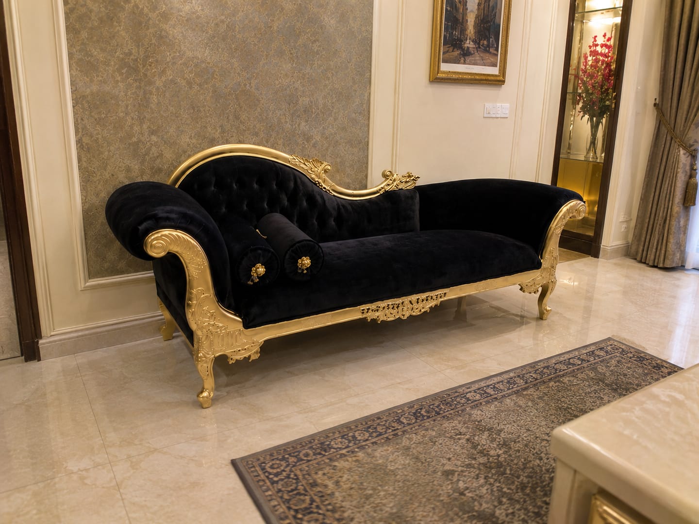 Customer photo review of Handicrafts Teak Wood Couch in Black Velvet Upholstery