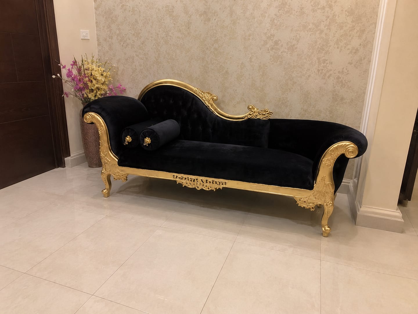 Customer photo review of Handicrafts Teak Wood Couch in Black Velvet Upholstery