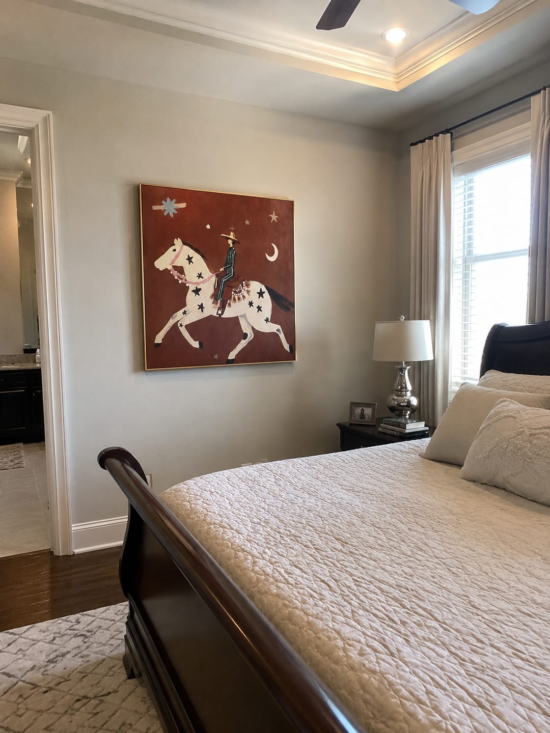 Customer photo review of "Moonlit Rider" - Whimsical Horse & Cowboy Painting | Rust Red Western Animal Wall Art