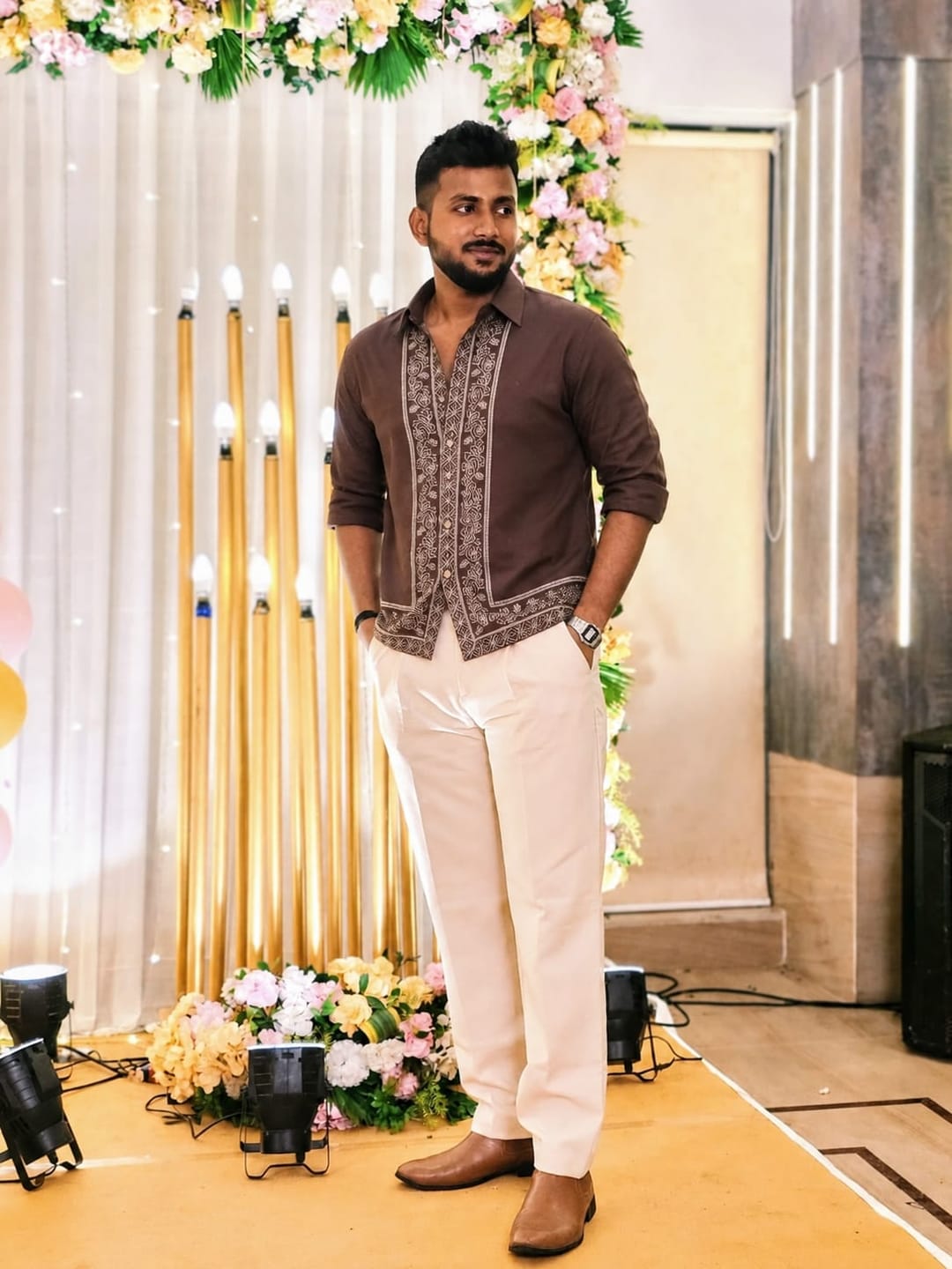 Customer photo review of Dark Brown Linen Blend Embroidery Shirt