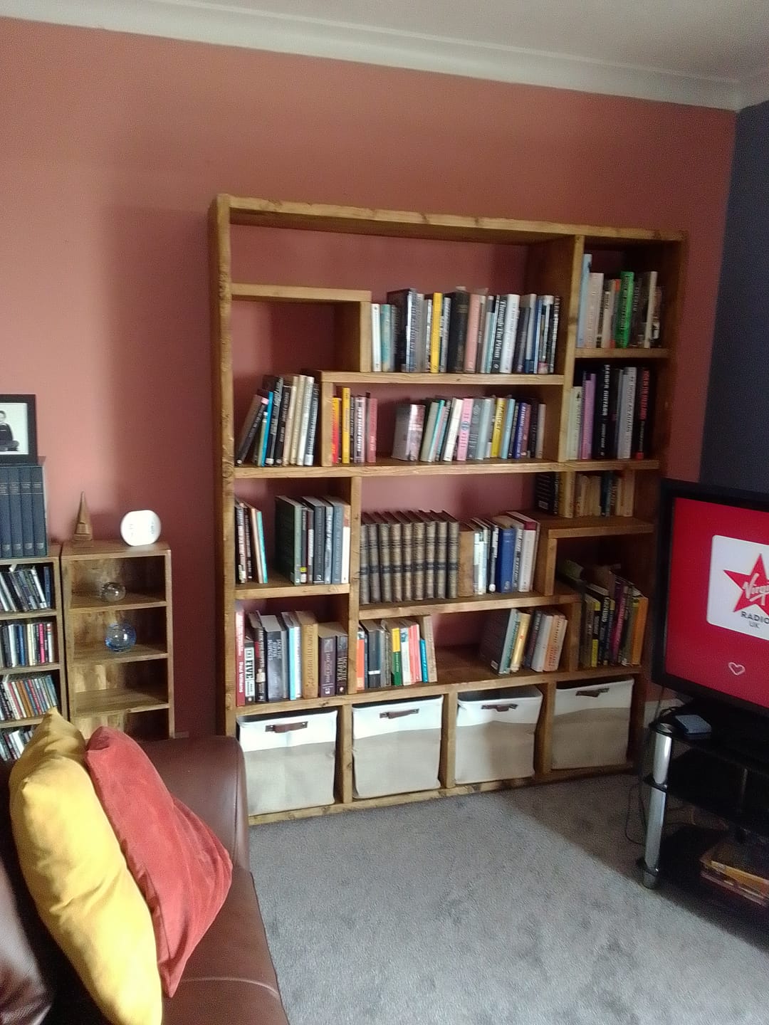 Customer photo review of Reclaimed Wood Bookcase with 4 Compartments - Rustic Shelving Unit | Scaffold Timber Furniture | Baskets