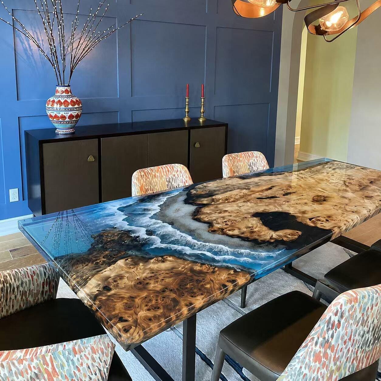 Customer photo review of Olive Wood Ocean Blue Epoxy Resin River Dining Table