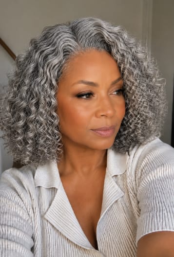 Customer photo review of Luvwin 5x5 Deep Curly Salt And Pepper Glueless Gray Color Pre-Cut Lace Bob Wig