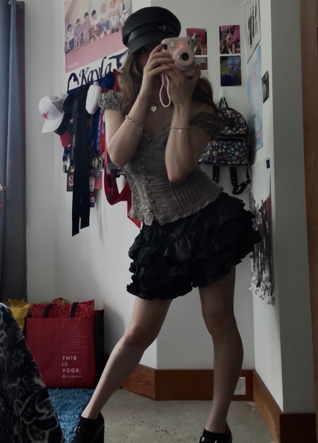 Customer photo review of Madeleine Noir Dark Plaid Flare Layered Skort