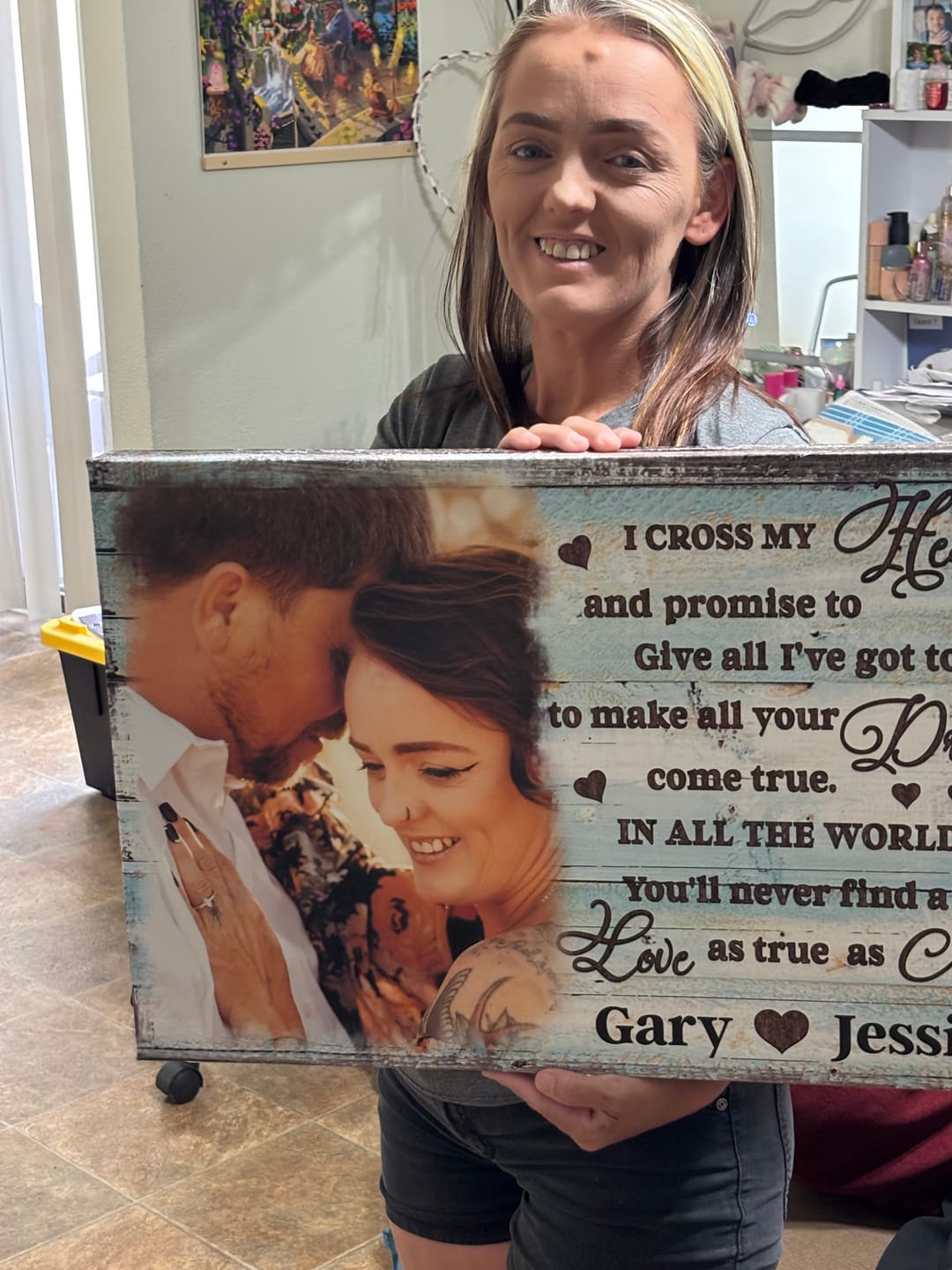 Customer photo review of Couple Personalized Canvas Prints - Custom Text - 5 Sizes - Custom Quote, God Blessed The Broken Road That Led Me Straight To You - Dem Canvas