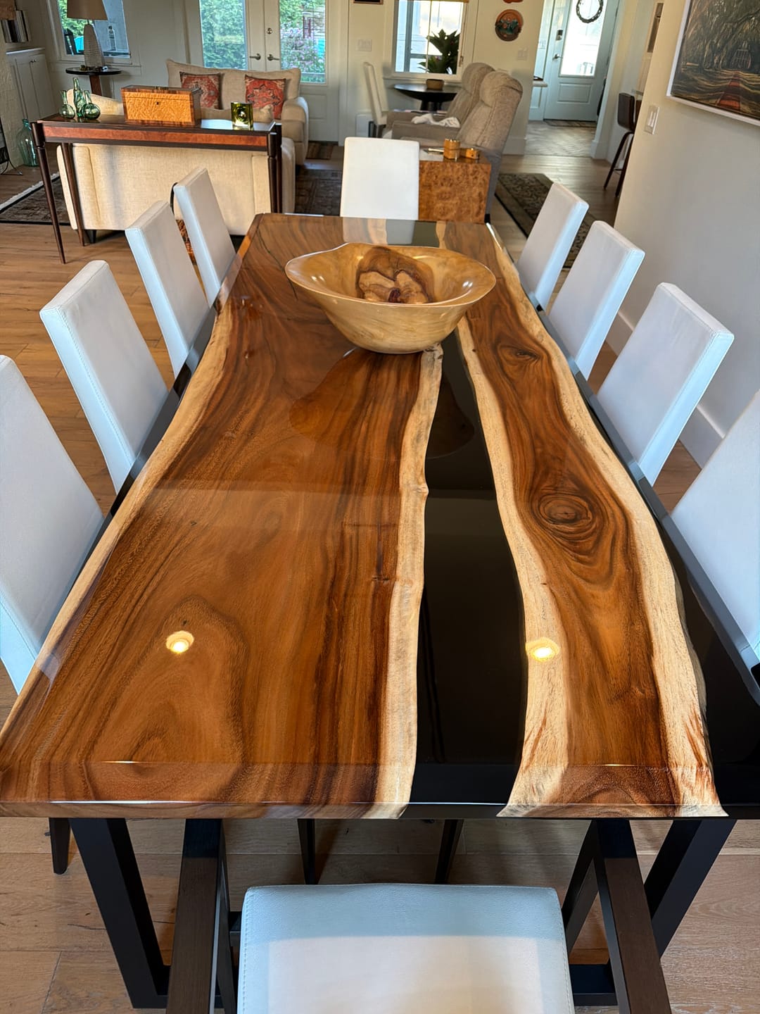 Customer photo review of Custom Black Walnut Wood Slab White Epoxy Dining Table Tops CRT-130
