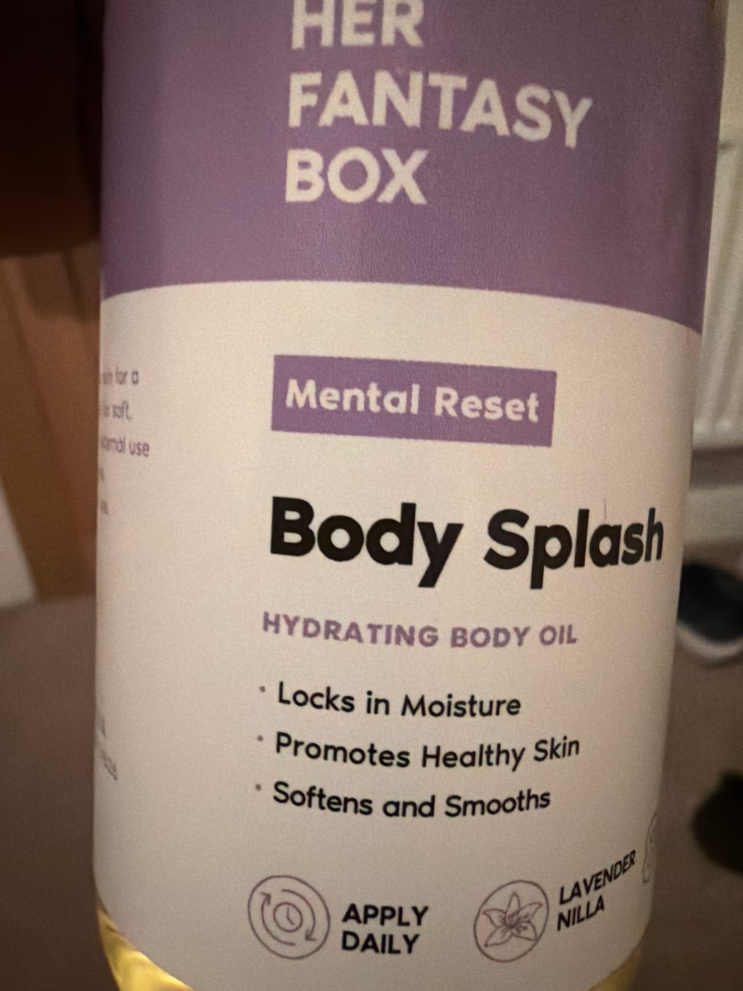Customer photo review of Body Splash - Skin Smoothing Body Oil (Mental Reset – Lavender & Vanilla CALMING SPA SCENT)