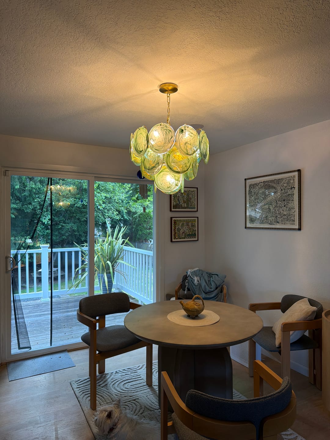 Customer photo review of Art Deco Green Iridescent Swirl Glass Tiered Chandelier