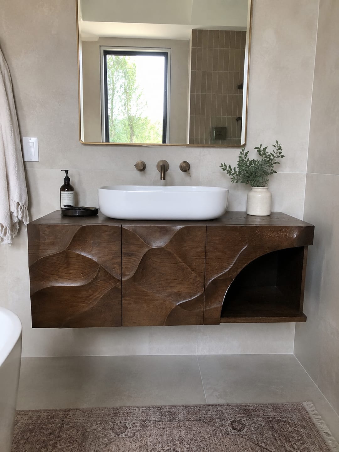 Customer photo review of Sculptural Floating Natural Solid Wood Bathroom Vanity With Carved Front