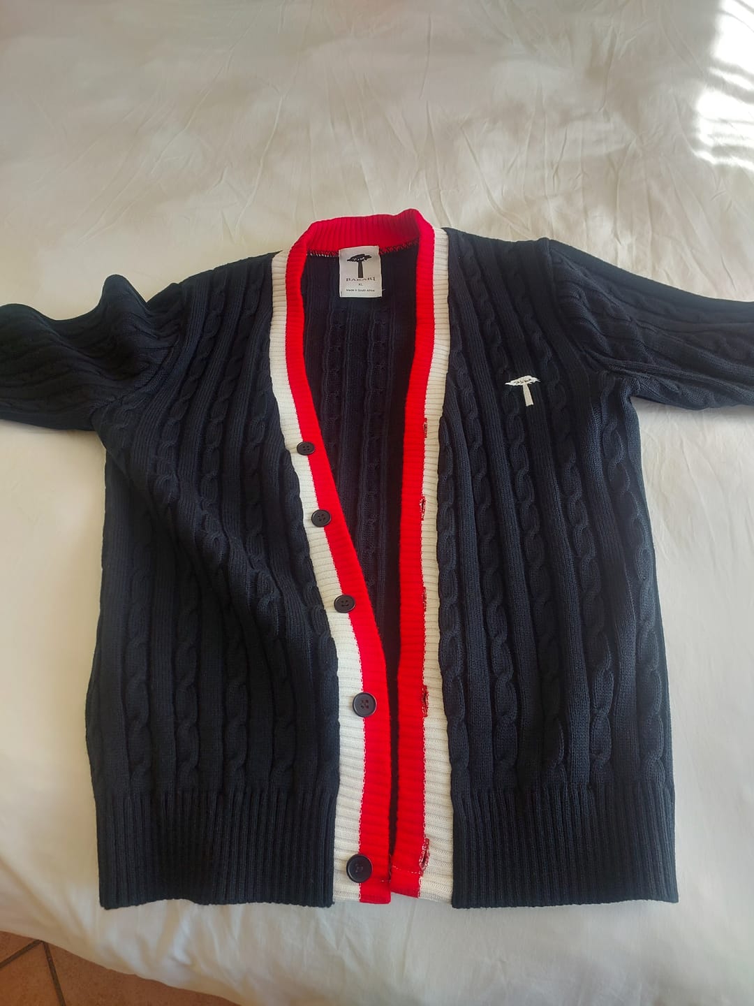 Customer photo review of Garment 02: Navy Blue, Red and White Tennis Cardigan