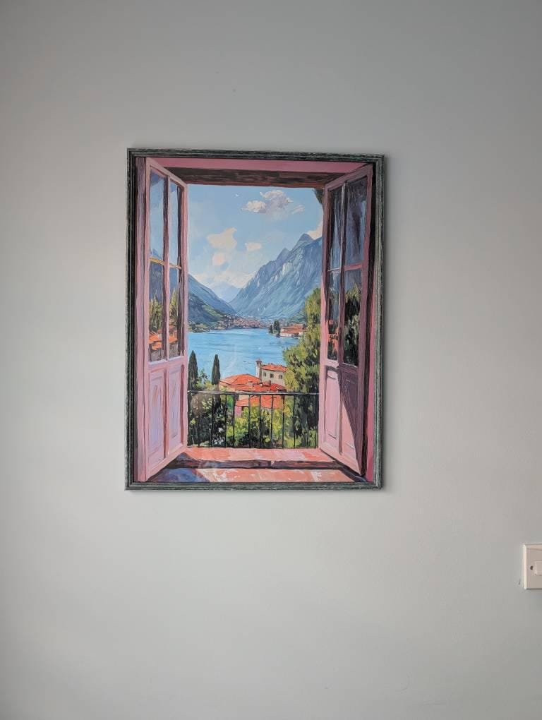 Customer photo review of Italian Lake Window Canvas Wall Art, Mediterranean Landscape Painting