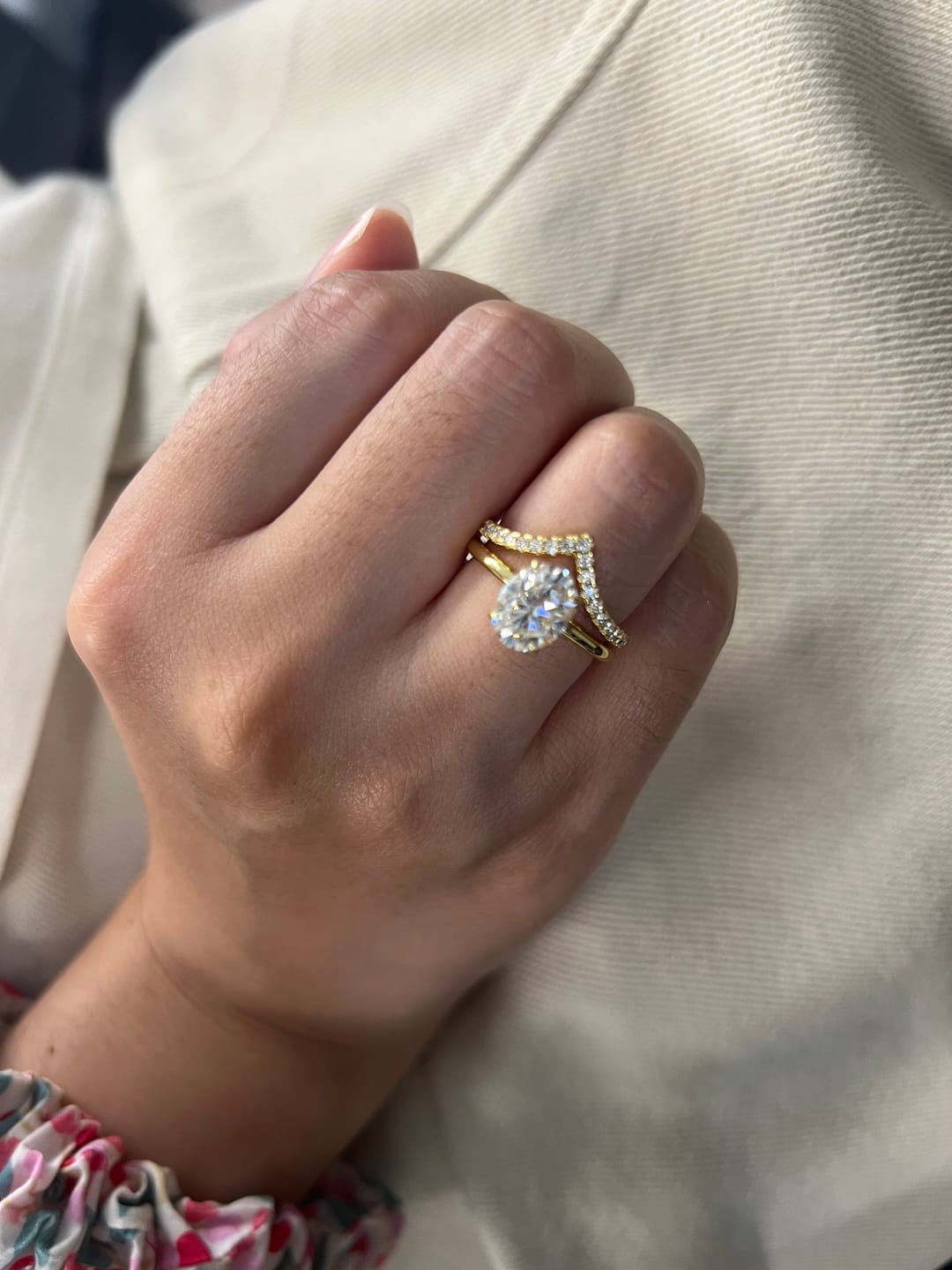 Customer photo review of S925 Moissanite 2Ct Oval Cut Solitaire V Shape Pave Nest Two Piece 18K Yellow Gold Plated Bridal Ring Set