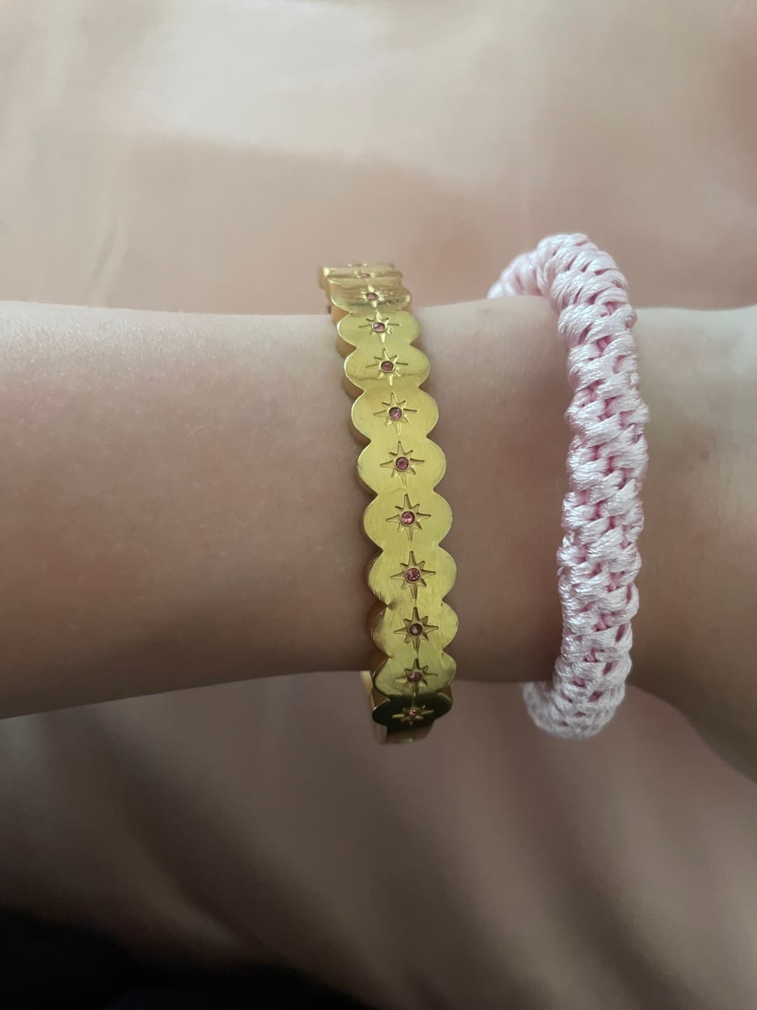 Customer photo review of Tallulah Gold Pink Scallop Star Bangle