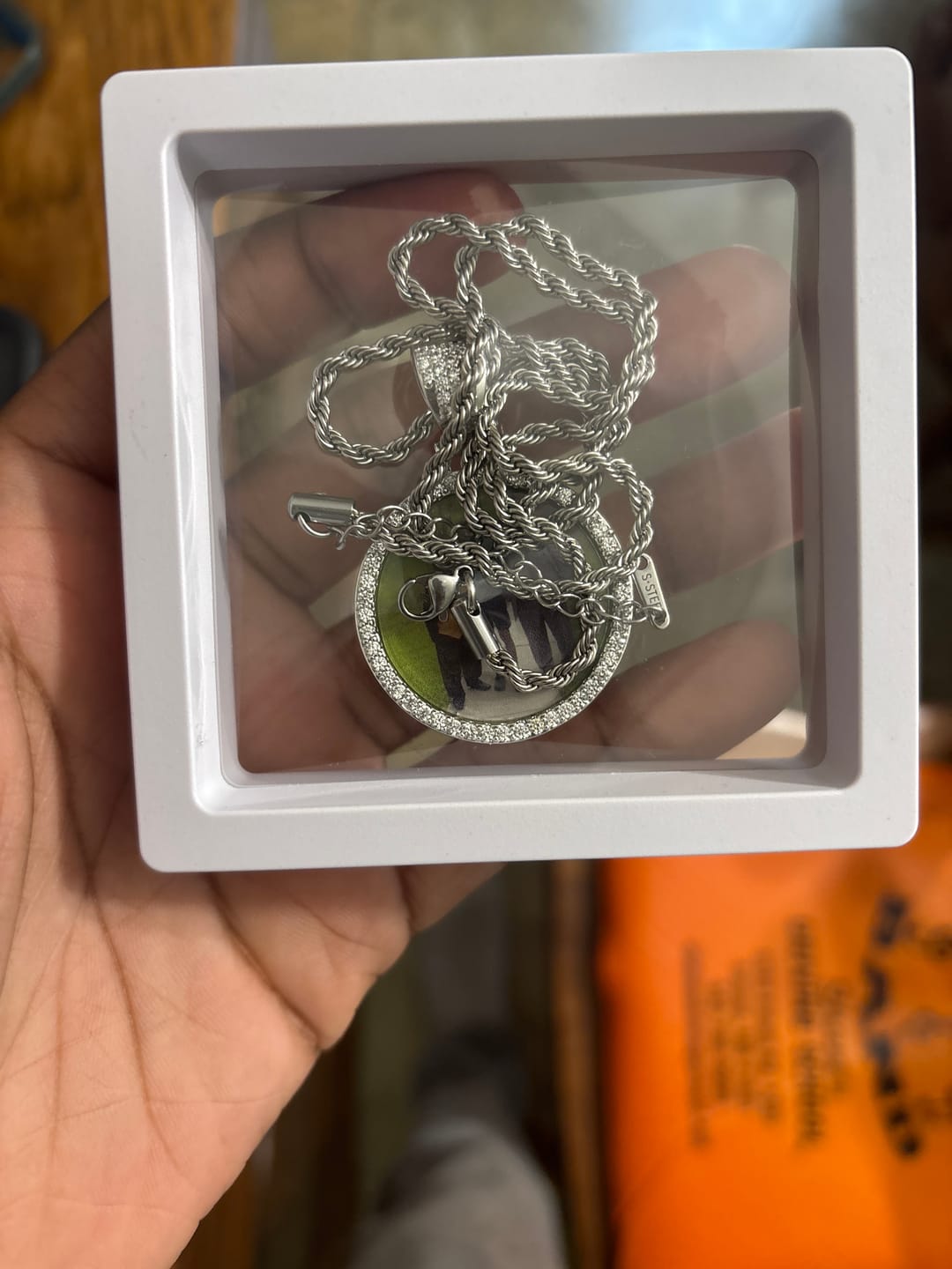 Customer photo review of Iced Circle Photo Pendant