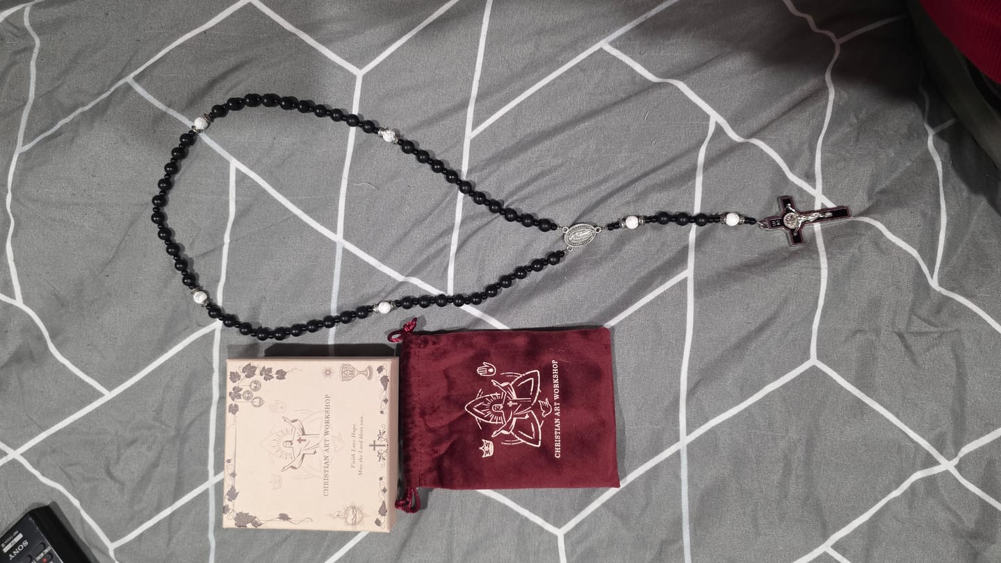 Customer photo review of Christianartworkshop Handcrafted Matte Black Beads Rosary with Silver Crucifix & Miraculous Medal