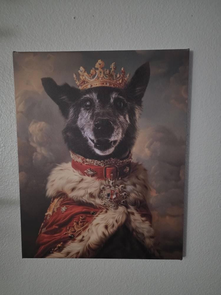 Customer photo review of Custom Royal Pet Portrait Canvas – Personalized Dog King Painting