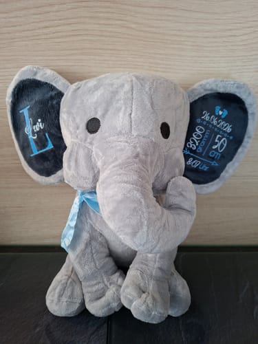 Kundenfoto: Personalisierter grauer Kuschel Elefant mit dem Namen 'Levi' und Geburtsdaten auf die Ohren gestickt.