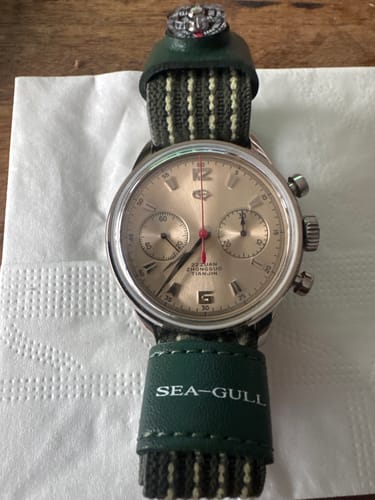 Reviewer's Seagull 1963 Chronograph watch with a champagne dial and a green fabric strap, laid flat on a surface.