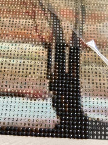 Nahaufnahme: Eine Kundin arbeitet an ihrem Diamond Painting 'Elefant - Sonnenuntergang' und platziert schwarze, eckige Steinchen.