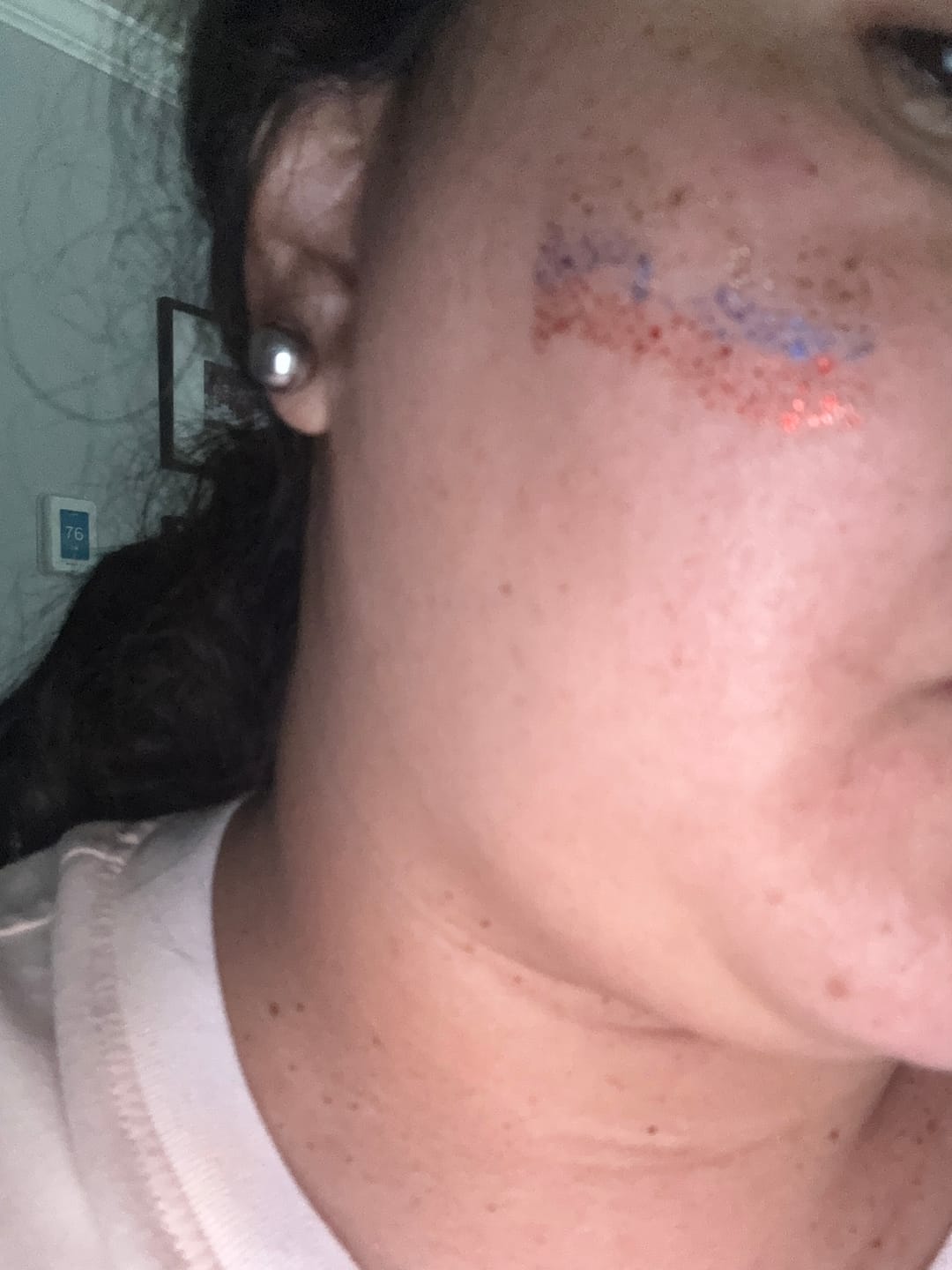 Customer photo review of PRE-SALE Stick-On Face & Body Art Patches to Support Colombian Soccer Team 🇨🇴✨