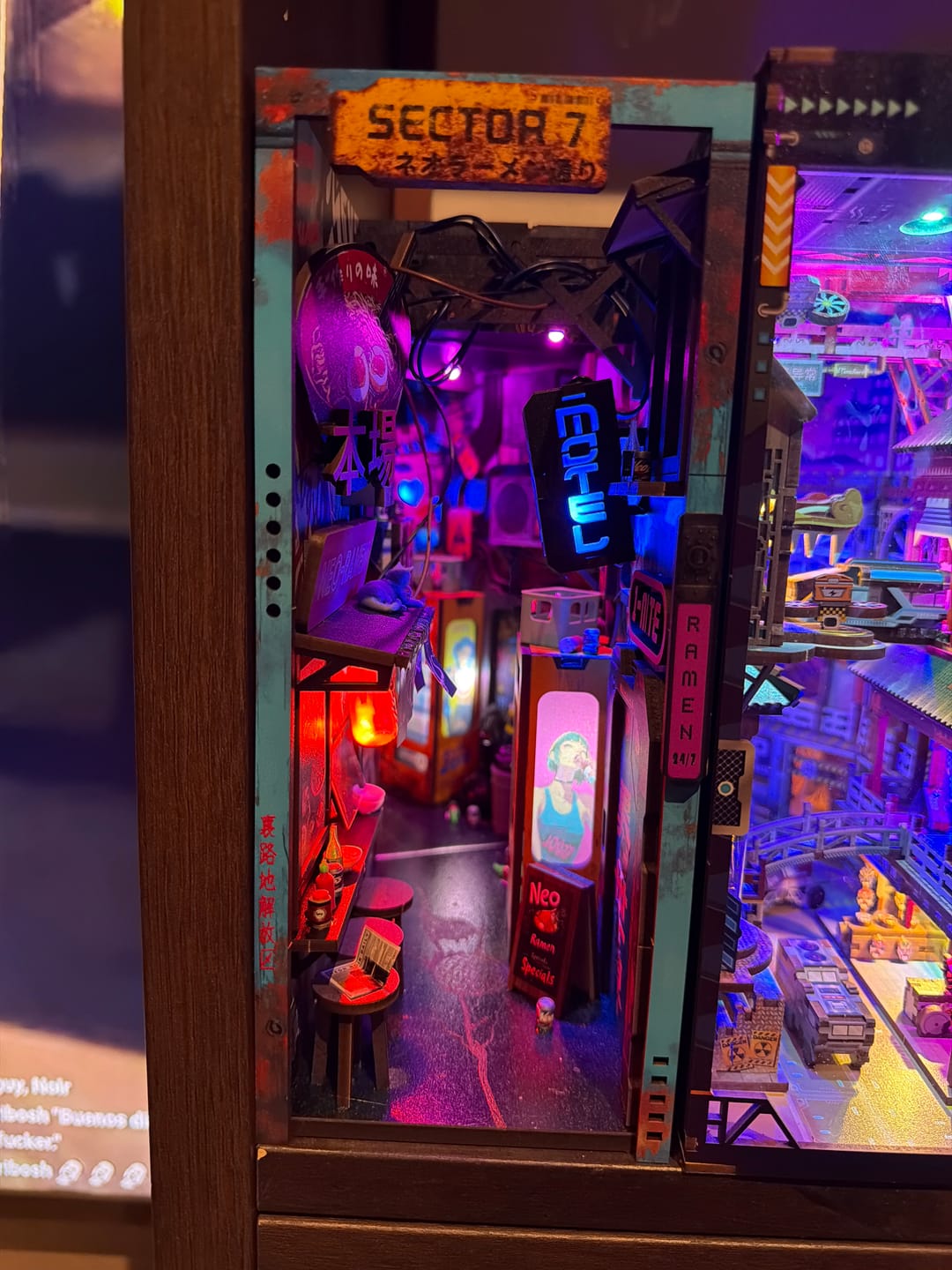 Customer photo review of Neon Ramen MiniAlley Cyberpunk DIY Book Nook Kit, Scale Model Kit,  Japanese Ramen Shop Miniature Scene