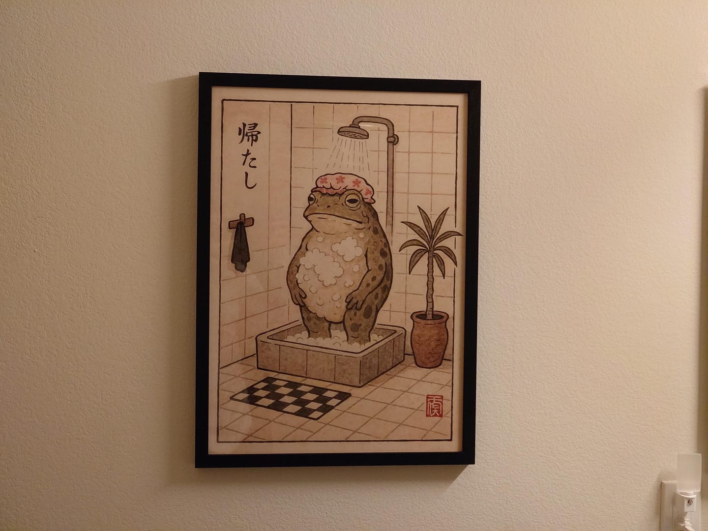 Customer photo review of Funny Frog Shower Canvas Wall Art - Japanese Bathroom Decor