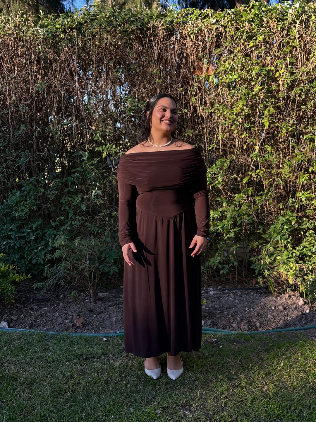 Customer photo review of Chocolate Brown Long Sleeved Off-Shoulder Drop Waist Dress
