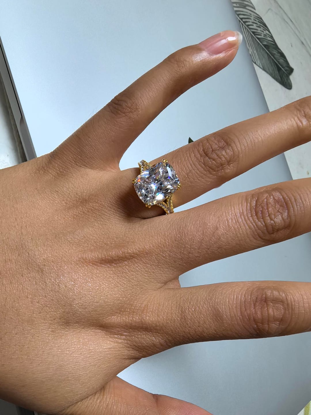 Customer photo review of S925 7.0Ct/4.0Ct Split Shank Cushion Cut Engagement Ring 18K White Gold Plated Travel Rings with Pavé Accents