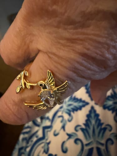 Customer photo review of Personalized Memorial Hummingbird Leaf Ring - Those we love don't go away they fly beside us every day