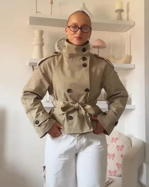 Customer photo review of Kiarra Stand Collar Crop Trenchcoat