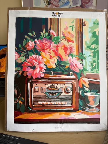 Customer's completed Radio Flowers paint by numbers canvas, showing a vintage radio with a vibrant floral bouquet.
