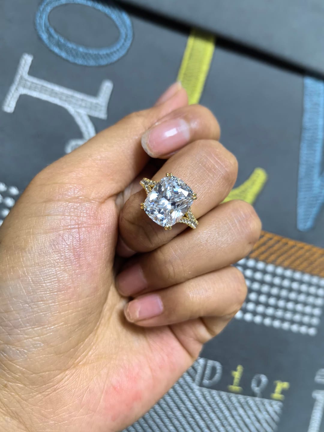 Customer photo review of S925 7.0Ct/4.0Ct Split Shank Cushion Cut Engagement Ring 18K White Gold Plated Travel Rings with Pavé Accents