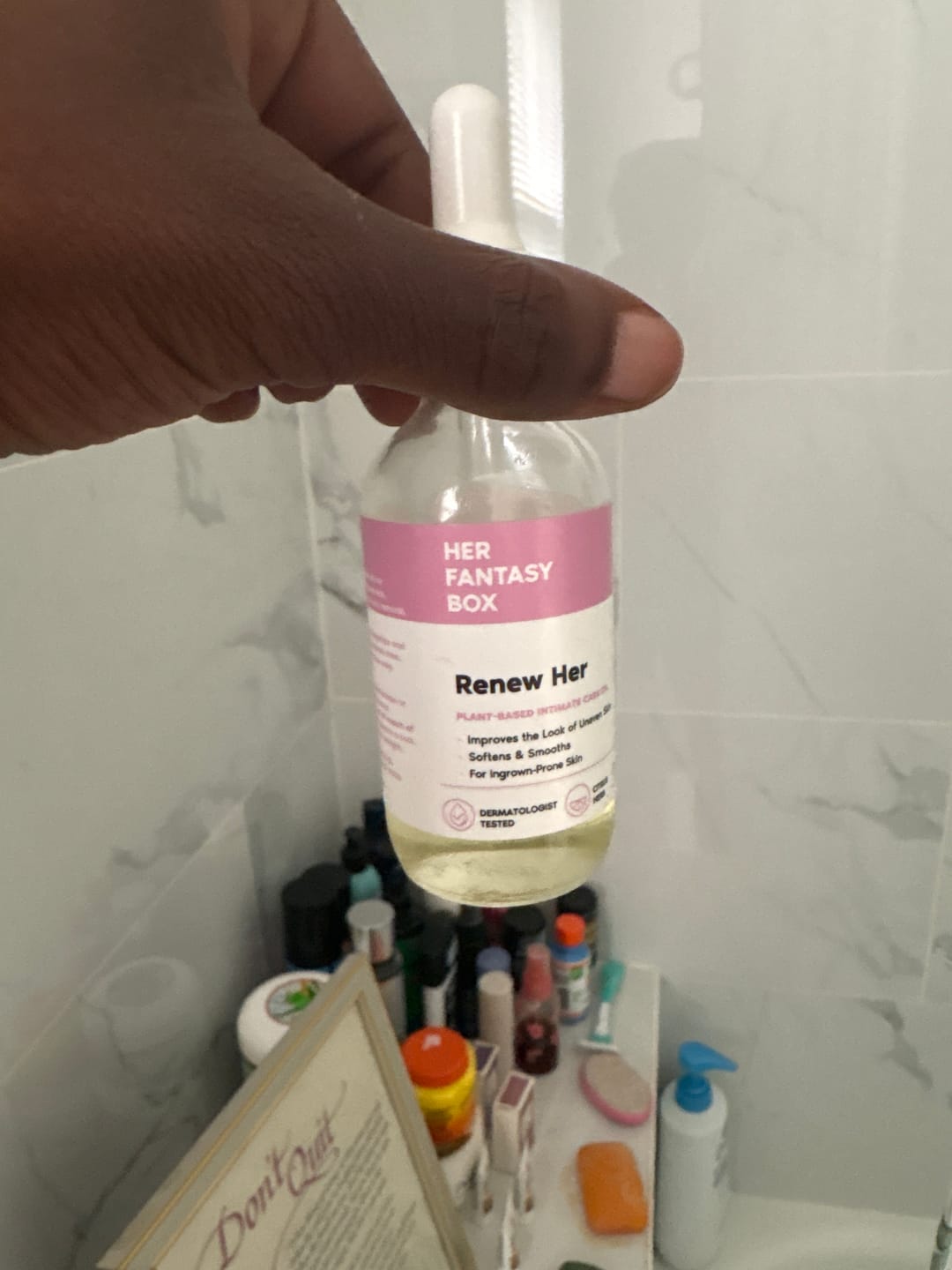 Customer photo review of Her Fantasy Box Renew Her Yoni Oil - For Dryness, Ingrown Hair, Dark Marks & Scars