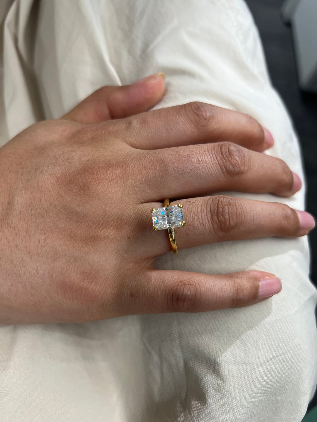 Customer photo review of S925 Moissanite 3.5Ct Radiant Cut Hidden Halo Engagement Ring 18K Yellow Gold Plated Promise Wedding Ring For Women