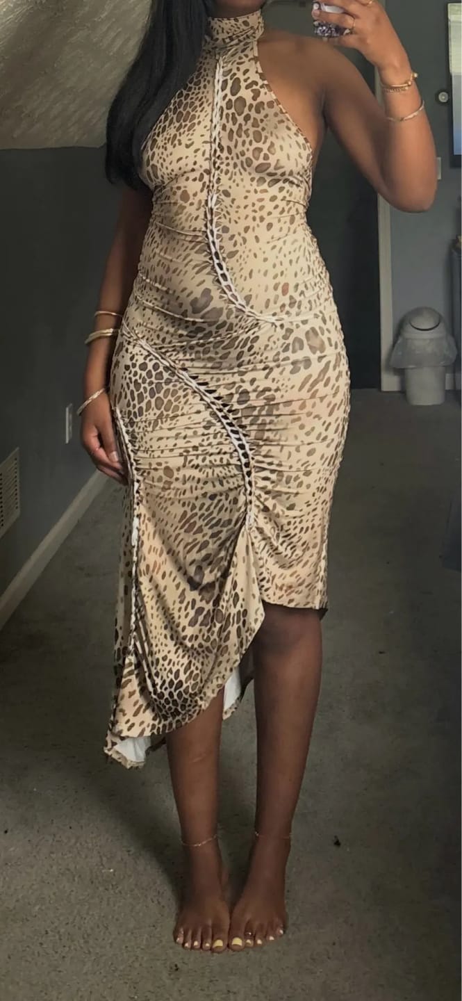 Customer photo review of Cindy Leopard Halter Neck Maxi Dress