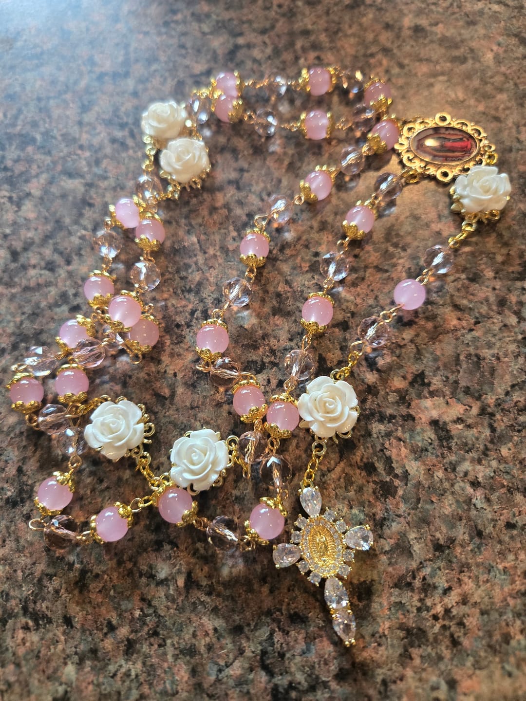 Customer photo review of Christianartworkshop Pink Crystal & White Rose Our Lady of Guadalupe Rosary