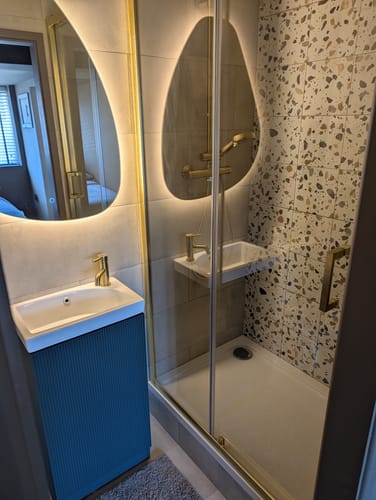 Customer photo review of Rene Brushed Brass 1100 x 1900mm Sliding Shower Door - 6mm Glass
