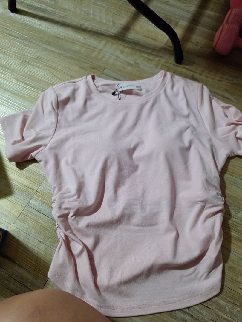 Customer photo review of Soft Stretch Crew Neck Ruched Padded Tee
