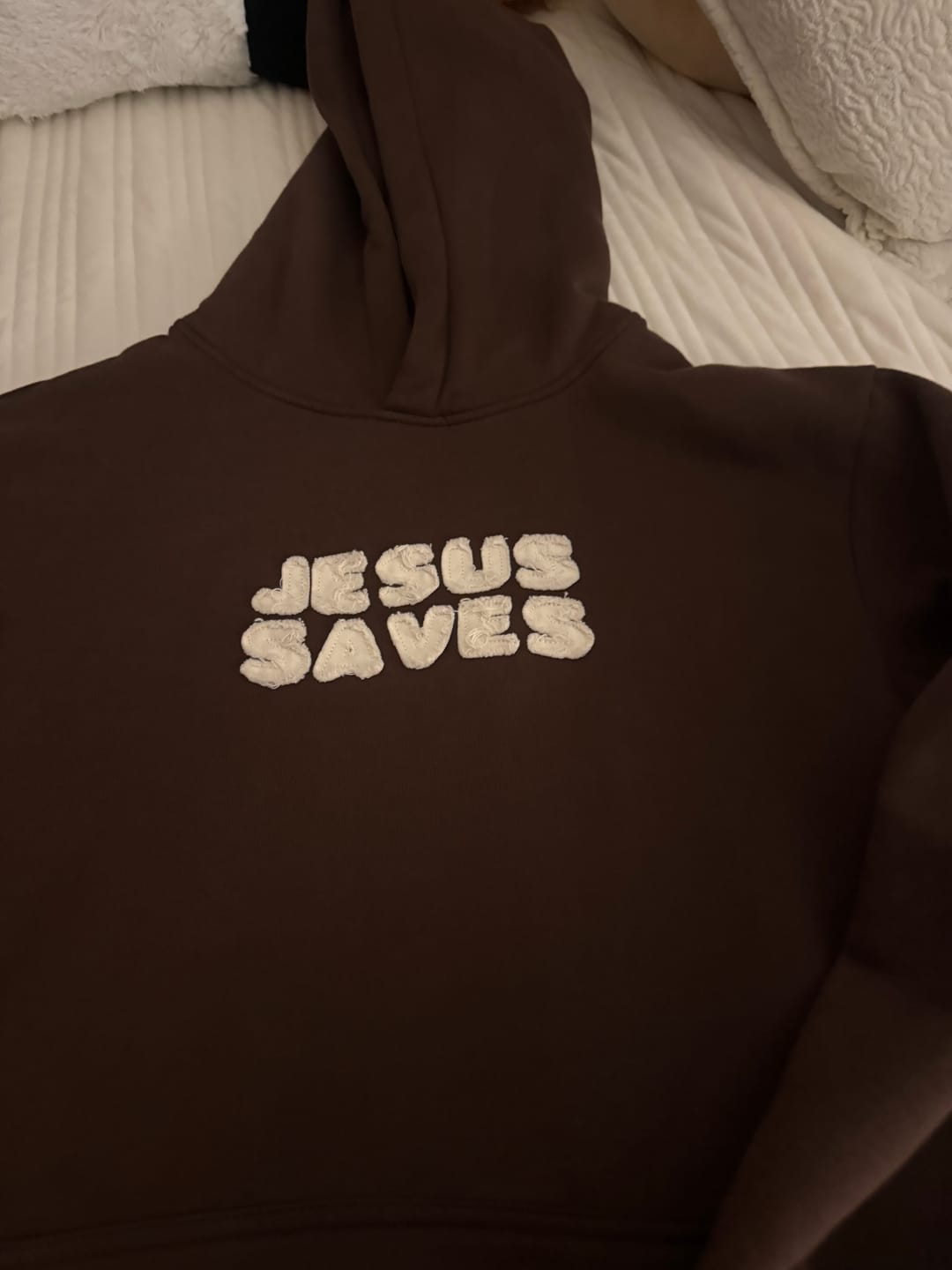 Customer photo review of Jesus Saves Patchwork Hoodie (PRE-ORDER 6/25)