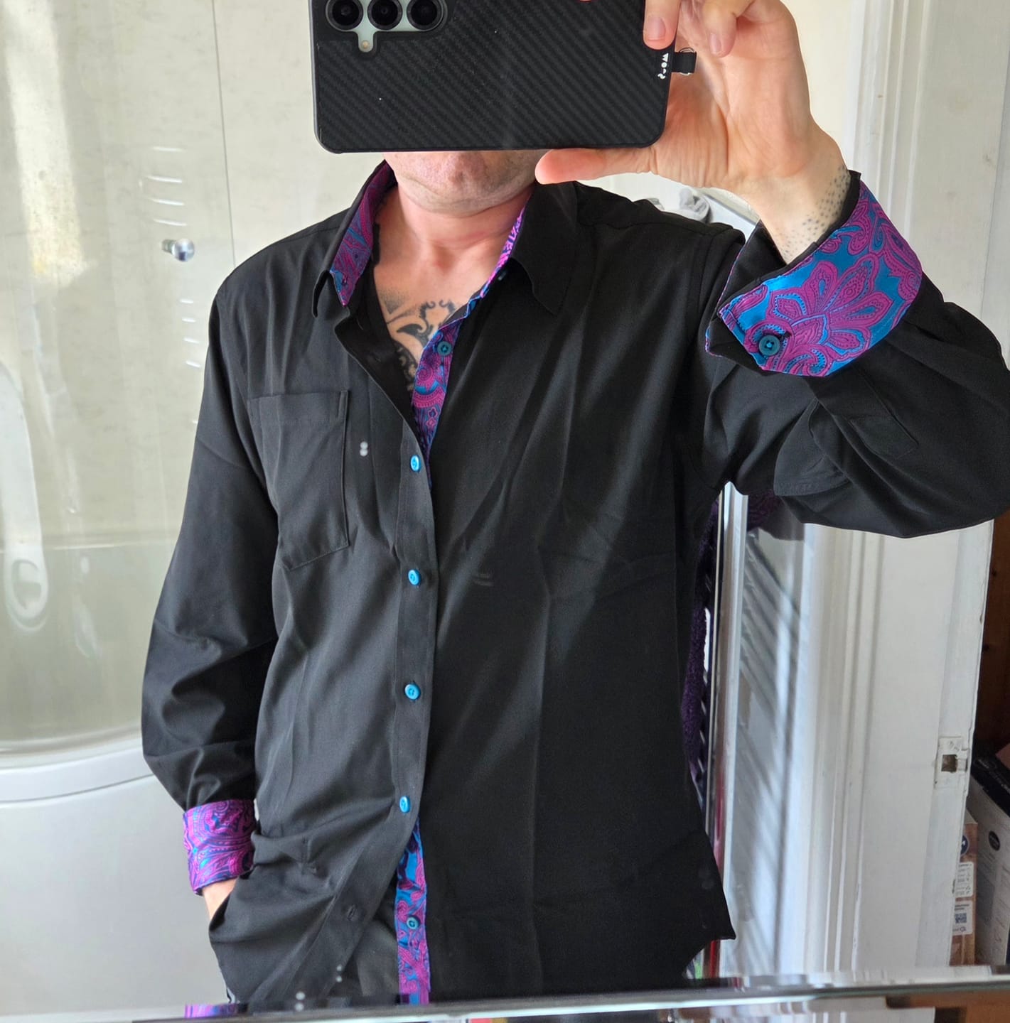 Customer photo review of Barry. Wang Black Dress Shirt Mens Splicing Silk Casual Party Club Long Sleeve Shirt