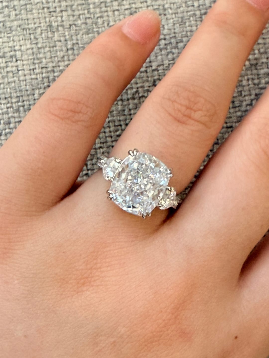 Customer photo review of S925 6.0Ct Cushion Cut Three Stone Engagement Ring Simulated or Moissanite Diamond Bridal Rings For Women