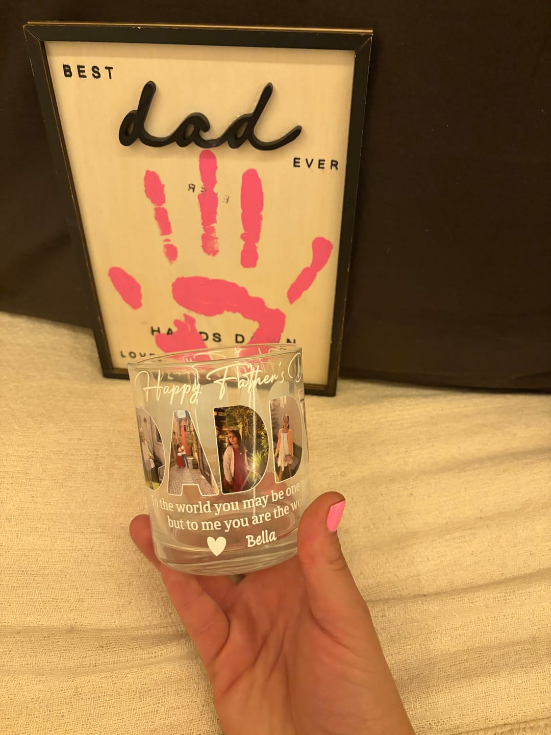 Customer photo review of To Me You Are The World - Personalized Whiskey Glass,  Father's Day Gift For Dad, Grandpa
