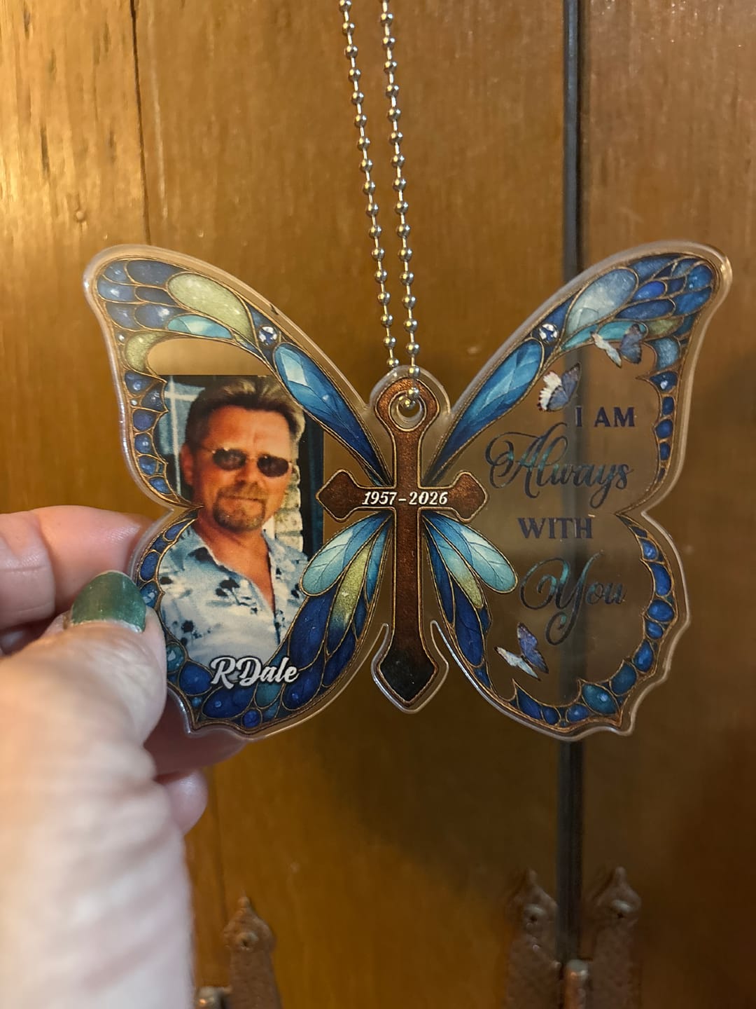 Customer photo review of Personalized Memorial Butterfly Car Hanger with Photo – Always With You