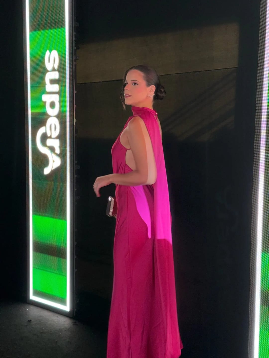 Customer photo review of Beatrice Halter Backless Silk Satin Maxi Dress