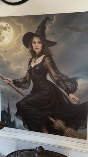 Customer's 'The Poised Witch' portrait showing a person in a black dress flying on a broomstick under a full moon.
