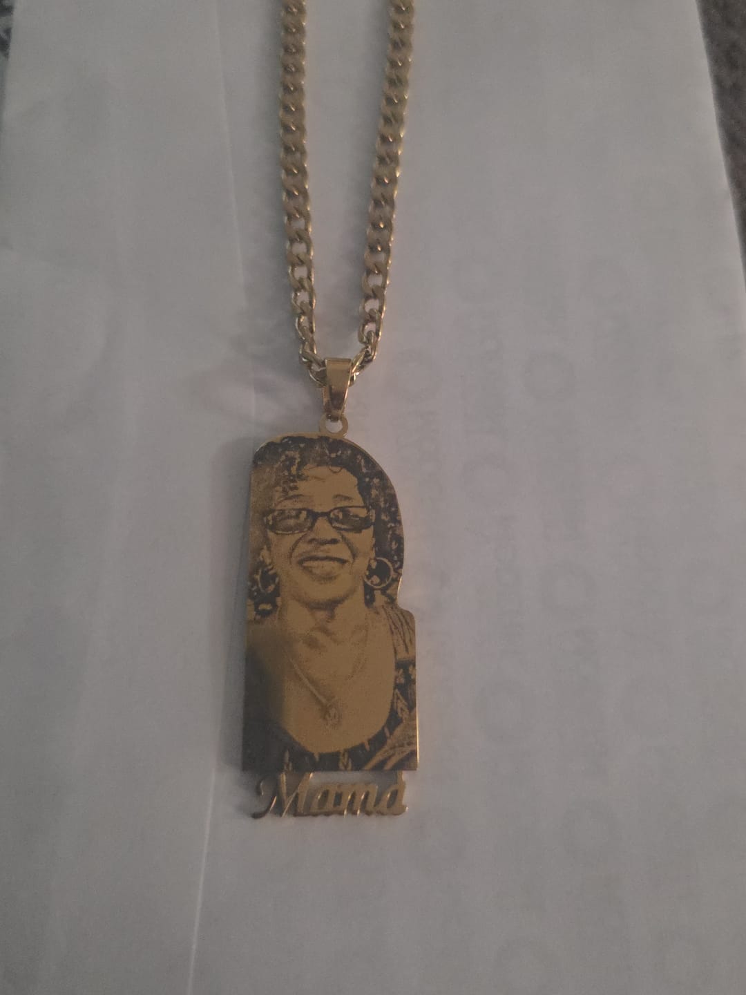 Customer photo review of Custom Photo Engraved Pendant Necklace