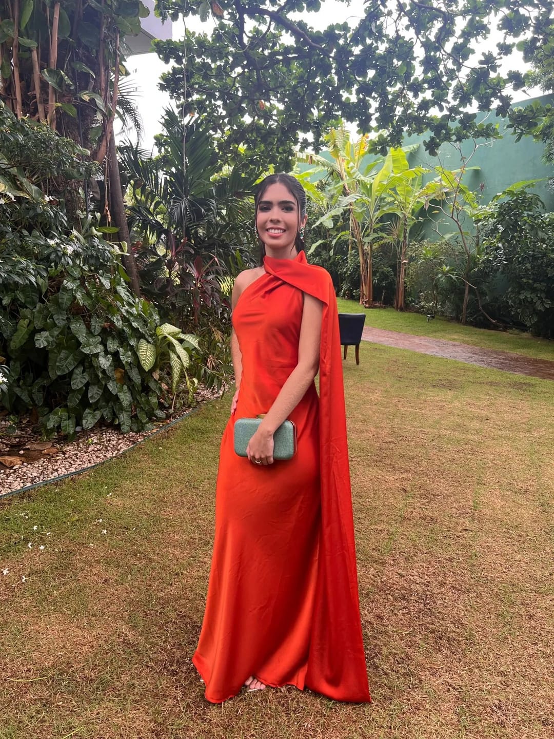 Customer photo review of Beatrice Halter Backless Silk Satin Maxi Dress