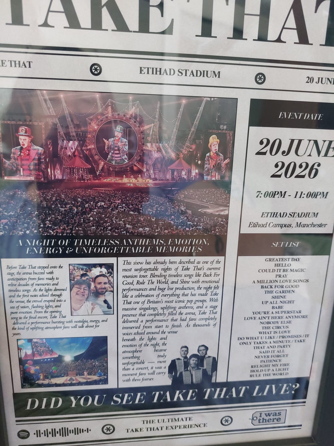 Customer photo review of Take That - Personalised Newspaper Style Concert Poster
