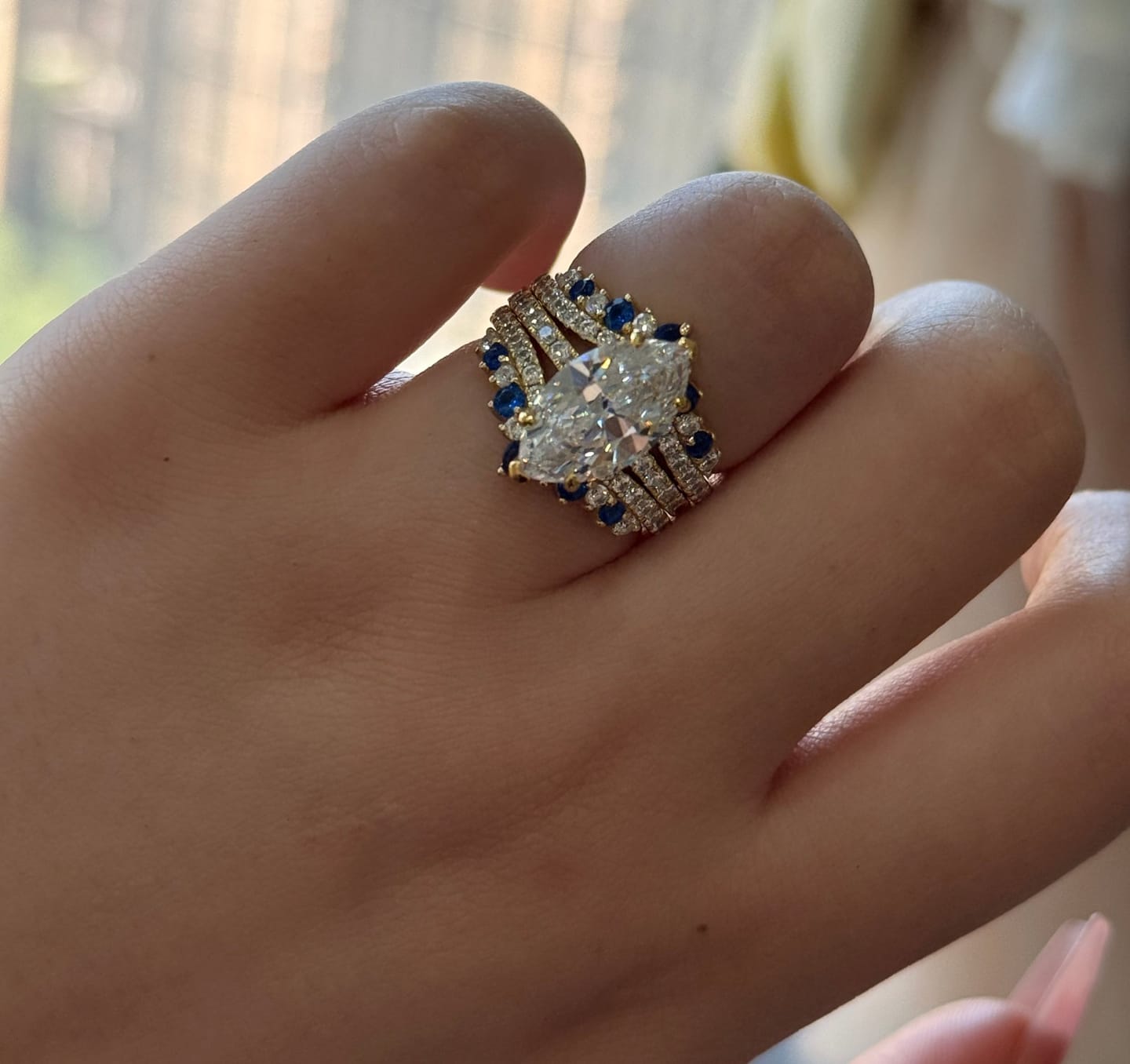 Customer photo review of S925 2PC 3.5Ct Marquise Cut Enhancer Wedding SetsHalf Enternity Yellow Gold Engagement Ring with Blue & White Stone Enhancer Wedding Band