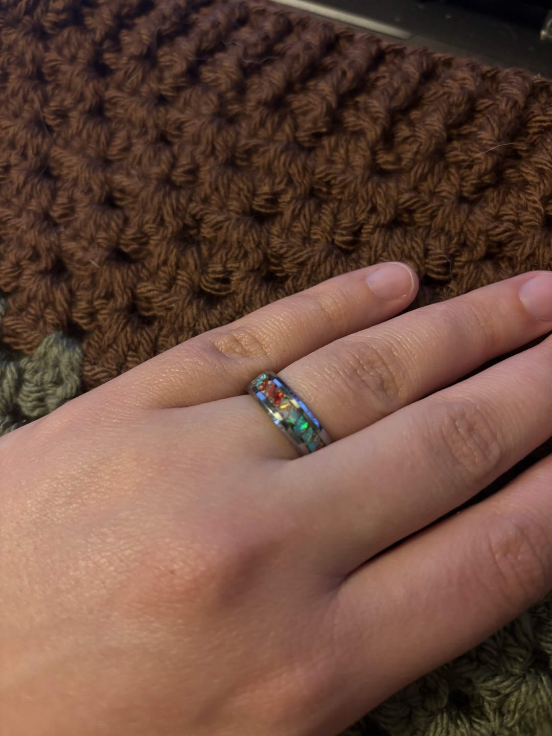 Customer photo review of Tungsten Opal Ring with Cremation Ashes